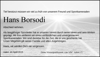 Traueranzeige von Hans Borsodi von Schwäbische Post