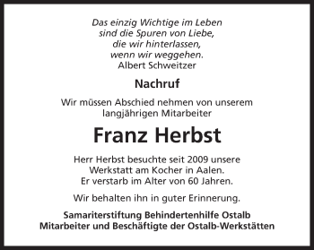 Traueranzeige von Franz Herbst von Schwäbische Post