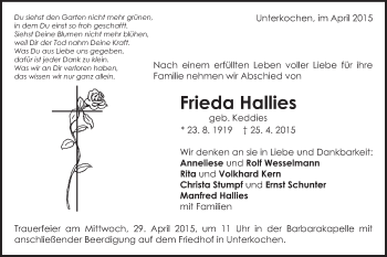 Traueranzeige von Frieda Hallies von Schwäbische Post