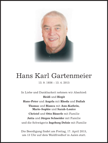 Traueranzeige von Hans Karl Gartenmeier von Schwäbische Post