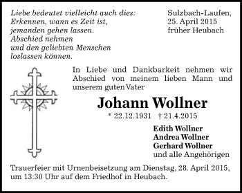 Traueranzeige von Johann Wollner von Gmünder Tagespost