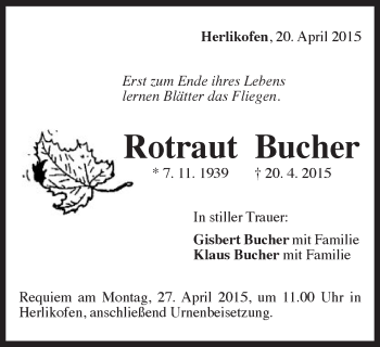 Traueranzeige von Rotraut Bucher von Gmünder Tagespost