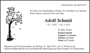 Traueranzeige von Adolf Schmid von Schwäbische Post