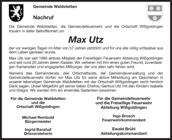 Traueranzeige von Max Utz von Gmünder Tagespost