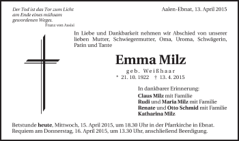 Traueranzeige von Emma Milz von Schwäbische Post