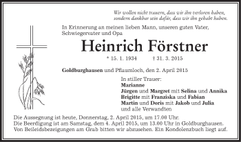 Traueranzeige von Heinrich Förstner von Schwäbische Post