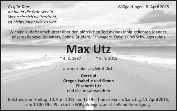 Traueranzeige von Max Utz von Gmünder Tagespost