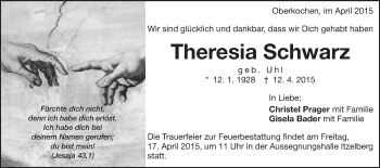 Traueranzeige von Theresia Schwarz von Schwäbische Post