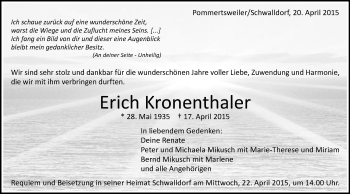 Traueranzeige von Erich Kronenthaler von Schwäbische Post