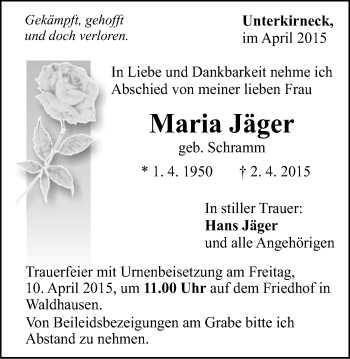 Traueranzeige von Maria Jäger von Gmünder Tagespost
