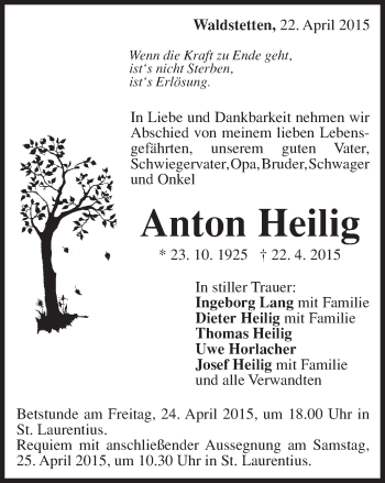 Traueranzeige von Anton Heilig von Gmünder Tagespost