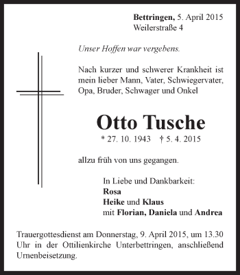 Traueranzeige von Otto Tusche von Gmünder Tagespost
