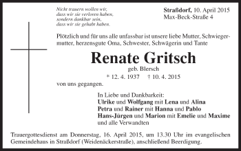 Traueranzeige von Renate Gritsch von Gmünder Tagespost