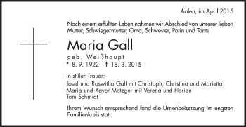 Traueranzeige von Maria Gall  von Schwäbische Post