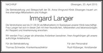 Traueranzeige von Irmgard Langer von Schwäbische Post