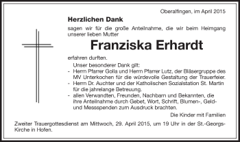 Traueranzeige von Franziska Erhardt von Schwäbische Post