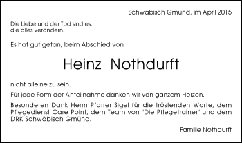 Traueranzeige von Heinz Nothdurft von Gmünder Tagespost