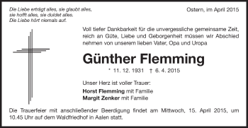Traueranzeige von Günther Flemming von Schwäbische Post