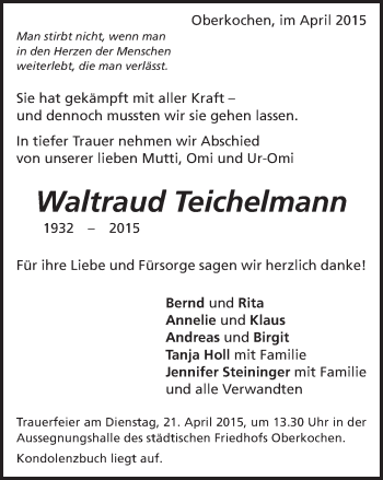 Traueranzeige von Waltraud Teichelmann von Schwäbische Post
