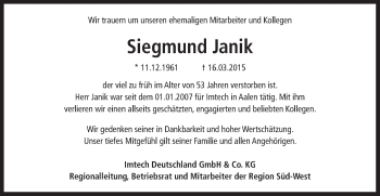 Traueranzeige von Siegmund Janik von Schwäbische Post