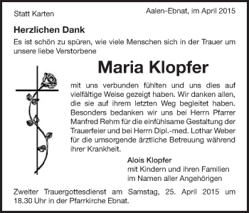 Traueranzeige von Maria Klopfer von Schwäbische Post