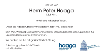 Traueranzeige von Peter Haaga von Schwäbische Post