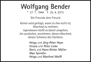 Traueranzeige von Wolfgang Bender von Schwäbische Post