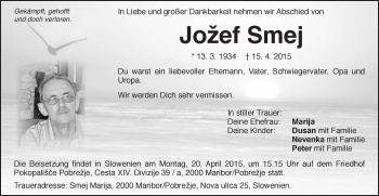 Traueranzeige von Jozef Smej von Schwäbische Post