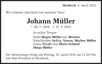 Traueranzeige von Johann Müller von Gmünder Tagespost