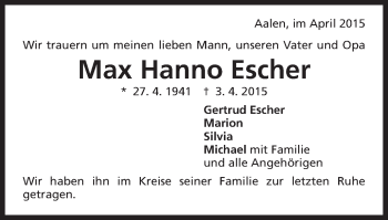 Traueranzeige von Max Hanno Escher von Schwäbische Post