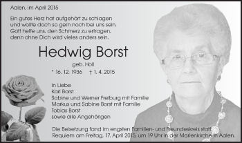 Traueranzeige von Hedwig Borst von Schwäbische Post