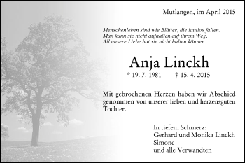 Traueranzeige von Anja Linckh von Gmünder Tagespost