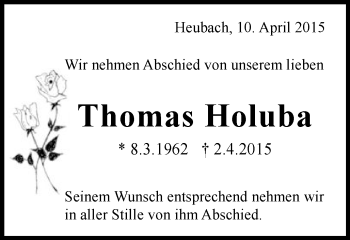 Traueranzeige von Thomas Holuba von Gmünder Tagespost