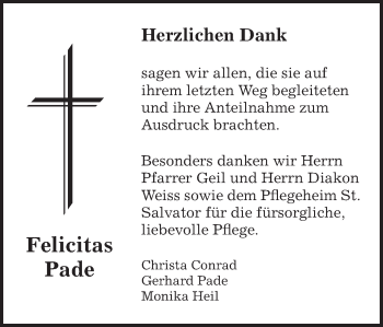 Traueranzeige von Felicitas Pade von Gmünder Tagespost