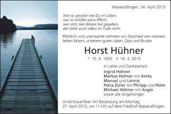 Traueranzeige von Horst Hühner von Schwäbische Post