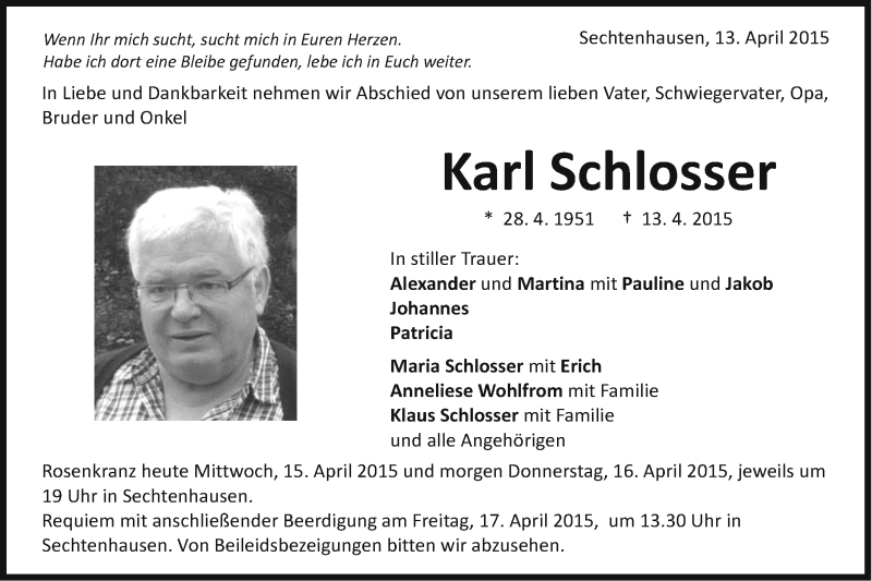  Traueranzeige für Karl Schlosser vom 15.04.2015 aus Schwäbische Post