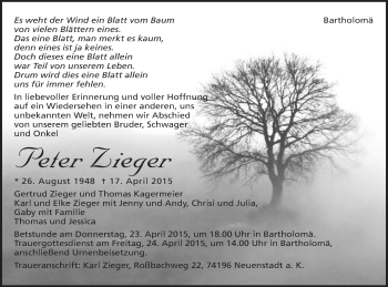 Traueranzeige von Peter Zieger von Gmünder Tagespost