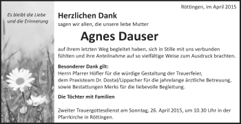 Traueranzeige von Agnes Dauser von Schwäbische Post