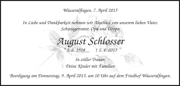 Traueranzeige von August Schlosser von Schwäbische Post