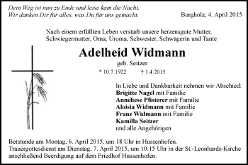 Traueranzeige von Adelheid Widmann von Gmünder Tagespost