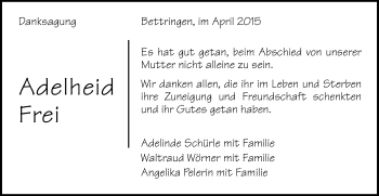 Traueranzeige von Adelheid Frei von Gmünder Tagespost
