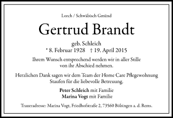 Traueranzeige von Gertrud Brandt von Gmünder Tagespost