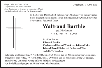 Traueranzeige von Waltraud Barthle von Gmünder Tagespost