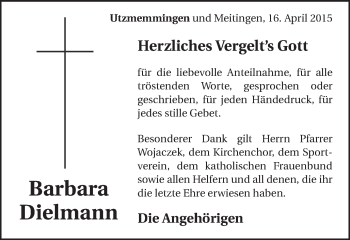 Traueranzeige von Barbara Dielmann von Schwäbische Post