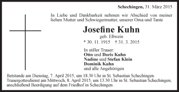 Traueranzeige von Josefine Kuhn von Gmünder Tagespost