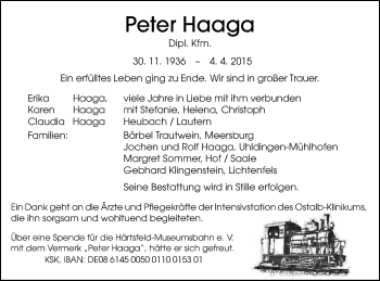 Traueranzeige von Peter Haaga von Schwäbische Post