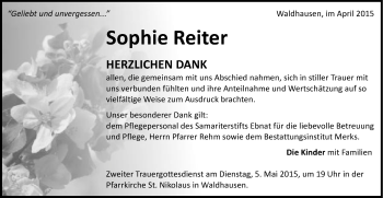 Traueranzeige von Sophie Reiter von Schwäbische Post