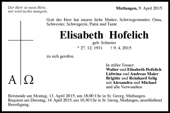 Traueranzeige von Elisabeth Hofelich von Gmünder Tagespost
