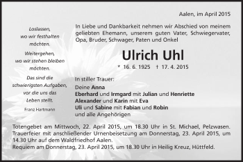 Traueranzeige von Ulrich Uhl von Schwäbische Post