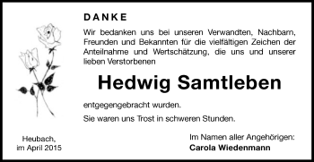 Traueranzeige von Hedwig  Samtleben von Gmünder Tagespost